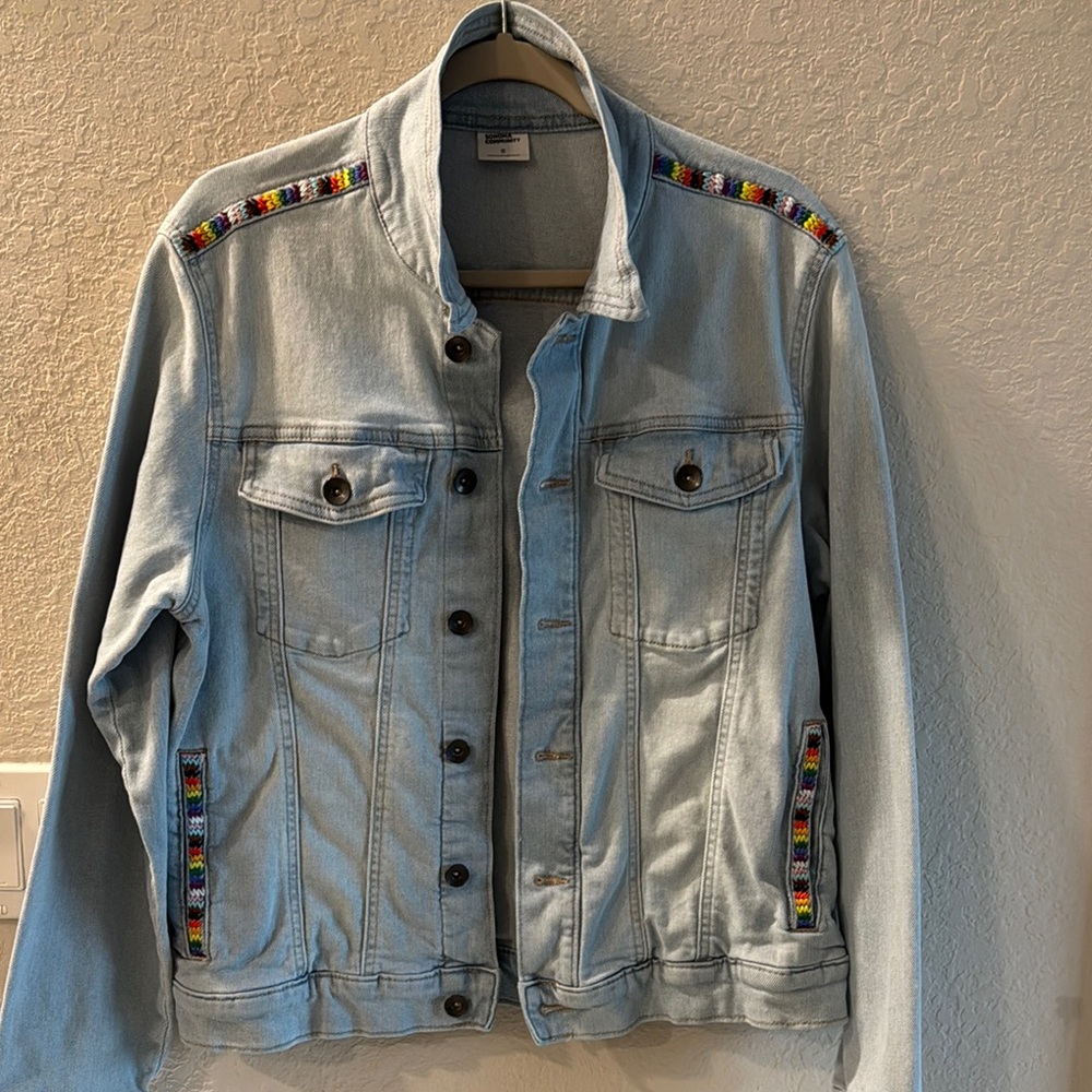 Light Blue Denim Jacket with Rainbow Accents